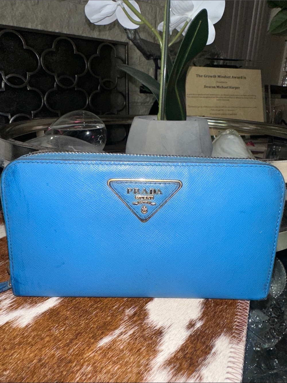 Prada Saffiano Zip Wallet in Blue with Silver Logo